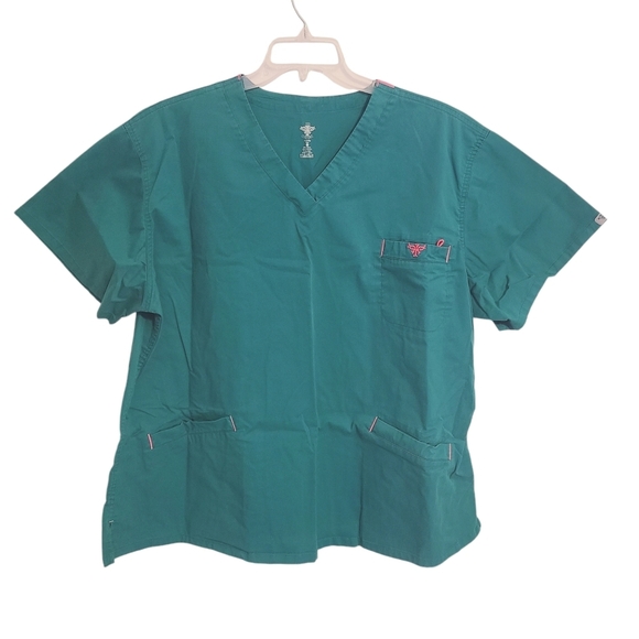 Med Couture | Women's Green & Pink V-Neck Hospital Scrubs Top (Size 3XL) - Picture 1 of 12